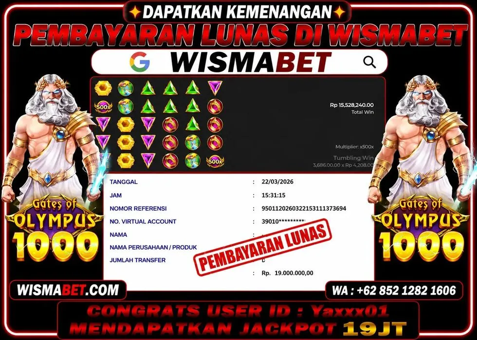 Wismabet - BUKTI KEMENANGAN Gates Of Olympus x1000 Rp19,000,000,- LUNAS